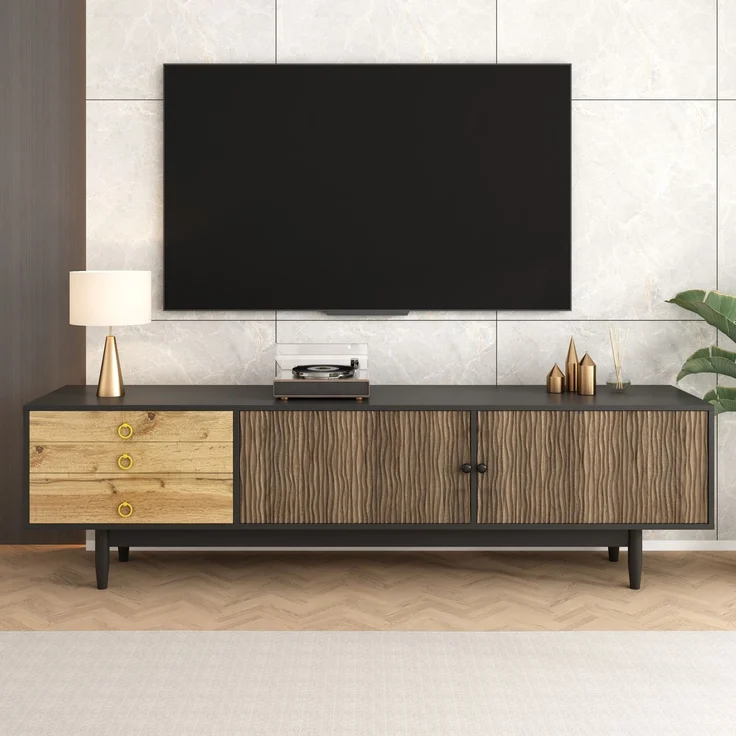 TV-Schrank 180 x 50 x 38 cm Schwarz Holz,Lowboard mit 2 Türen, 3 Schubladen, Wellenmuster, Massivholzbeinen – Bild 5