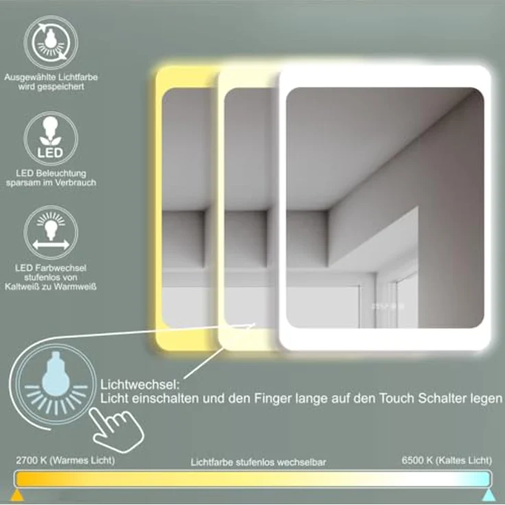 HOKO LED Badspiegel KÖLN 50x70 cm, antibeschlagfähig mit Digitaluhr und Touch-Wandschalter, Design Wandspiegel für Badezimmer – Bild 2