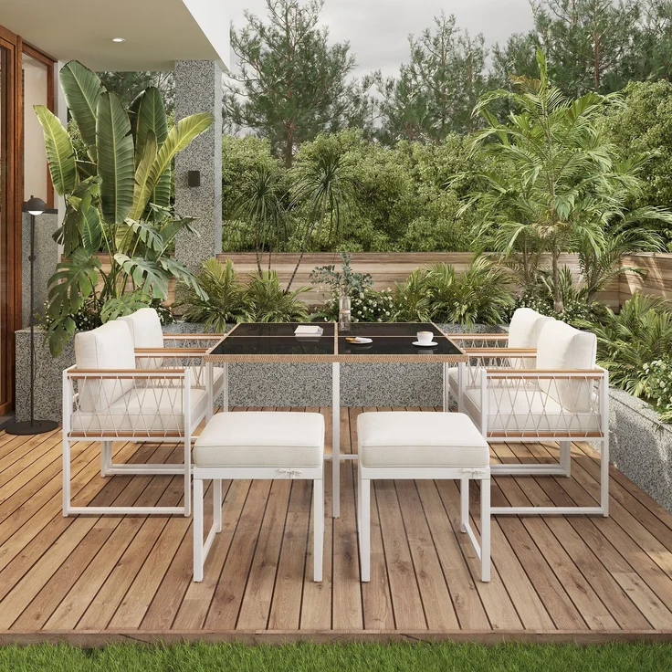 LVHOM 7-tlg. Garten-Essgruppe, Gartenmöbel Set mit Kissen, Gartenlounge-Set Akazie, Sitzgruppe Polyrattan, Loungeset Balkonset für 6 Personen – Bild 2