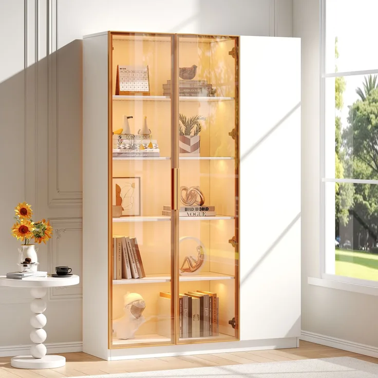 Glasvitrine, Höhe 165cm–dreitürige Vitrine mit LED-Beleuchtung, mehrfarbig einstellbar, freistehende Vitrine mit Sicherheitsglas, verstellbaren Einlegeböden und Kippschutz, weiß-Vitrine,Weinschrank--Weiß--116x41x16cm--YOUDENOVA