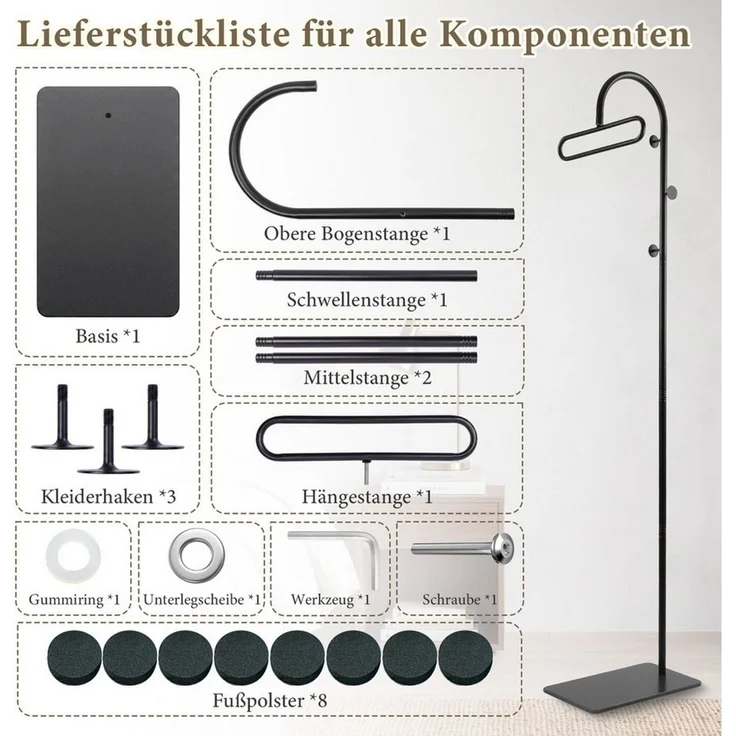 PRIISF Garderobenständer Kleiderständer 175cm Garderobenständer Standgarderobe Garderobe Metall, (freistehend Flurgarderobe Jackenständer mit Sinterstein Ablagen Haken, Garderobenstange Kleiderstange Metallgarderobe Schuhregal), für Kleidung Hüte Tasch... – Bild 4