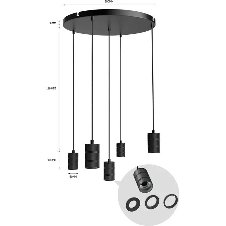 Calex Retro Pendelleuchte, rund, 5-flg., dimmbar, schwarz