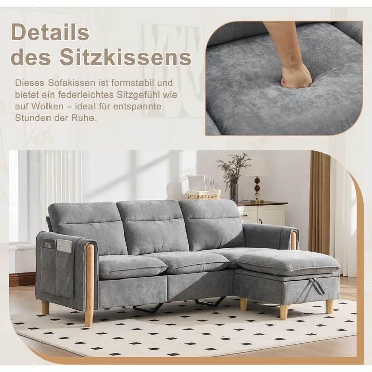 EINHOM Dreisitzige Sofagarnitur im nordischen Stil mit Aufbewahrungshocker, L-förmiges Stoffsofa mit Seitentaschen und Tischbeinen aus Holz, ideal für Wohnzimmer und kleine Räume (Grauer Chenille) – Bild 2