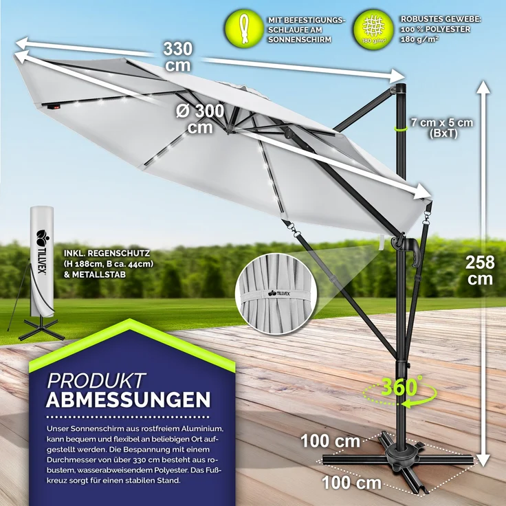 tillvex® Premium Alu Sonnenschirm 330 cm Grau + Abdeckung & Windsicherung | Ampelschirm 6-Fach Verstellbar mit Kurbel | Gartenschirm 360° Drehbar Neigbar Kippbar | Kurbelschirm UV50+ Groß wasserdicht – Bild 5