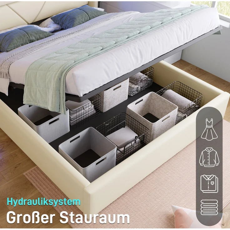 CHICFURN Polsterbett aus PU, Weiß, 160x200 cm, mit hydraulischem Stauraumbett und LED-Beleuchtung – Bild 5