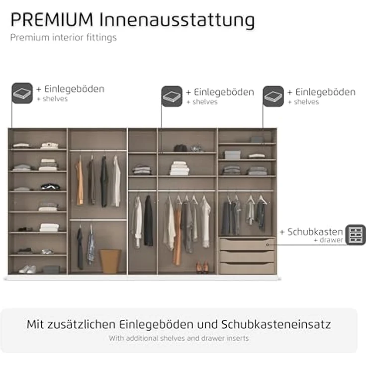 Rauch Möbel Alabama, Kleiderschrank für Schlafzimmer, Kinderzimmer, Wohnzimmer, Garderobe, Flur, 9-türig, mit Zubehör Premium, Farbe Weiß/Eiche Artisan, Breite 405 cm – Bild 6