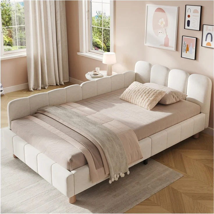 MODFU Polsterbett Beige, 90x200 cm inklusive Rausfallschutz, variablen Armlehnen und Lattenrost, geeignet für Kinder & Jugendliche