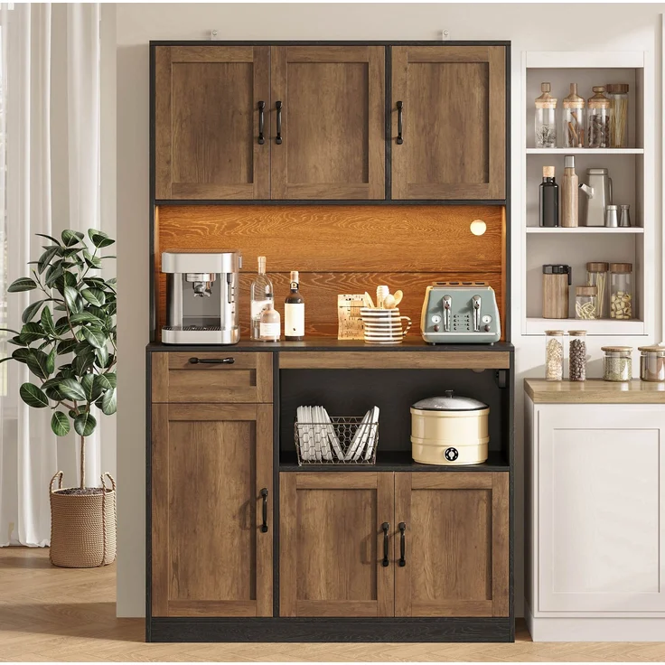 Küchenschrank 110 x 40 x 180 cm mit RGB-LED-Beleuchtung und Stauraum – Natur und Schwarz – Bild 2