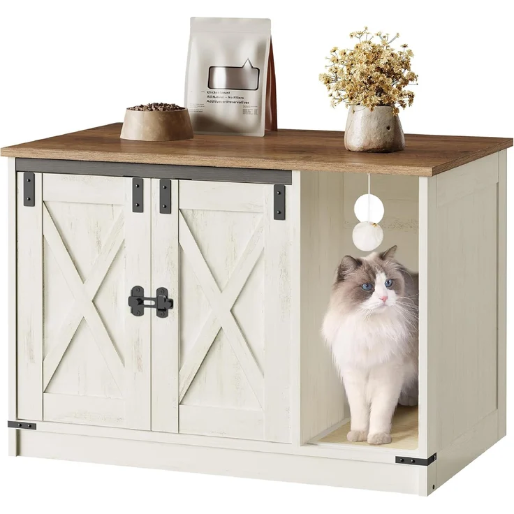 Katzenschrank, Katzentoilette, Katzenklo Schrank, Versteckte Katzentoilette Kabinett Möbel mit Katzenglocke, Indoor-Katzenhaus, 80 x 50 x 53 cm, für Flur, Schlafzimmer, Vintagebraun-Weiß – Bild 2