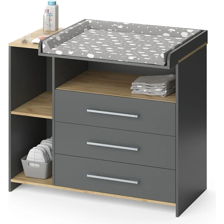 Wickelkommode Oskar Anthrazit/Goldkraft Eiche 113 x 93 cm mit 3 Schubladen Vicco – Bild 6