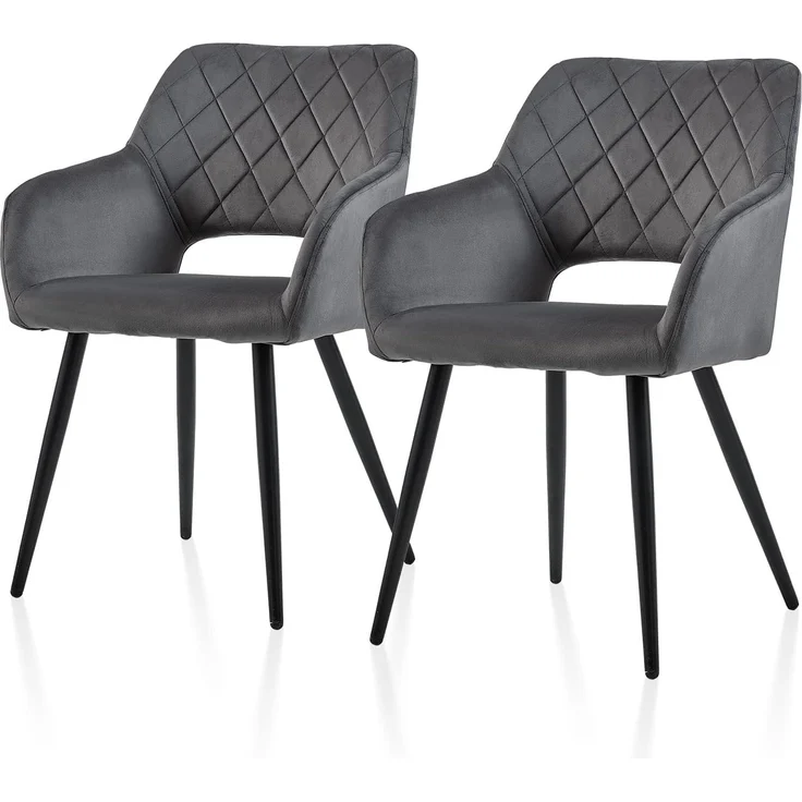 TUKAILAI Esszimmerstühle 2er Set aus Samt, Küchenstuhl Polsterstuhl mit Offener Rückenlehne,Armlehnen,Gepolstertem Sitz, Metallbeinen, Grau Stühle für Wohnzimmer,Esszimmer,Küche – Bild 1