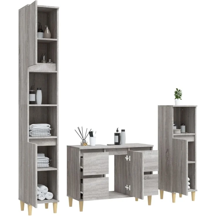 vidaXL 3-tlg. Badmöbel-Set Grau Sonoma Holzwerkstoff 3185603 – Bild 3