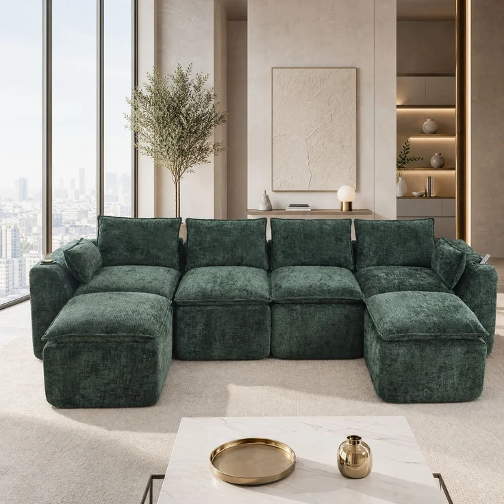 Modulares Sofa 322x161x75 cm aus grünem Chenille mit Seitentaschen und Hockerelement – Bild 4