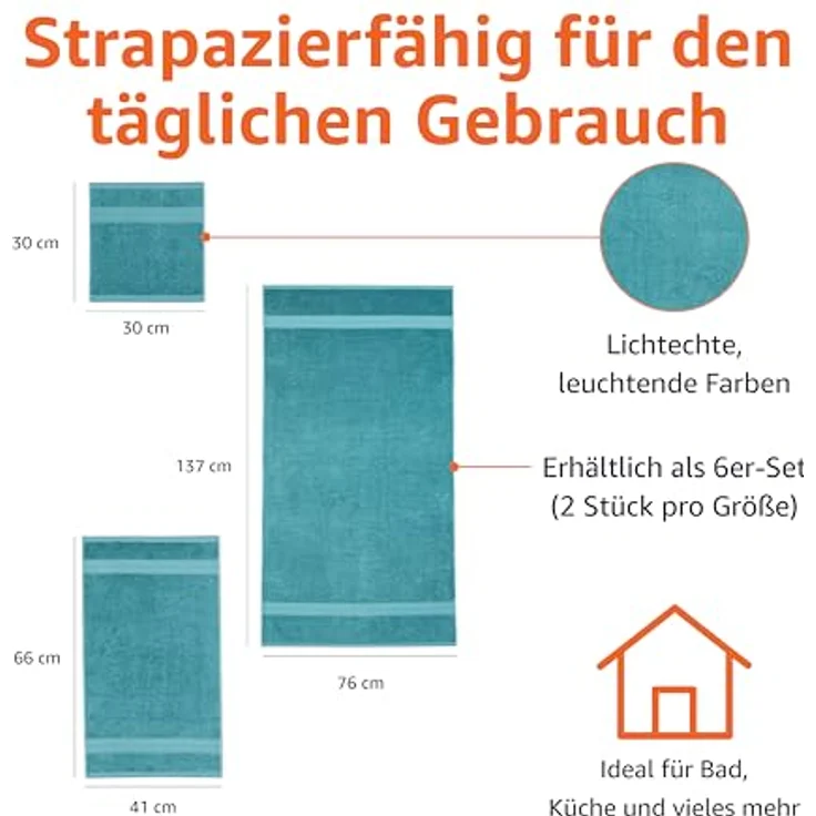 Amazon Basics Handtücher Set 6-teilig, 100% Bio-Baumwolle, ausbleichbeständig, weich, 2 Badetücher, 2 Handtücher, 2 Waschlappen, Blaugrün – Bild 3