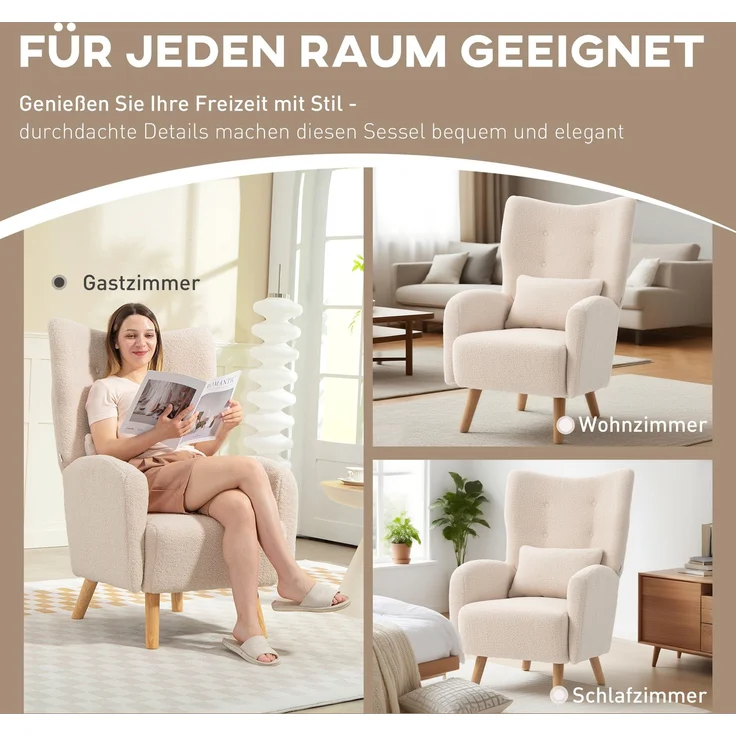 Akzentstuhl, Polstersessel mit Plüschbezug, Schaumstoffkissen, Ohrensessel, Beige--Beige--106x72x77cm--YOUDENOVA – Bild 8