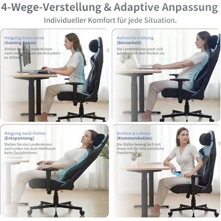 JUMMICO Gaming-Stuhl mit Verstellbarer Lendenwirbelstütze & 2D-Armlehnen, 90-140° Neigbar, Ergonomischer Computerstuhl aus Kunstleder, Atmungsaktiver Bürostuhl für Gamer & Büro, 150 kg, Blau – Bild 6