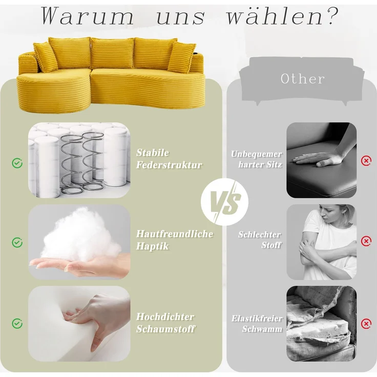 LVHOM Ecksofa L-Form, Cloud Sofa mit Tassenhalter und Seitentaschen, 3-Sitzer Sofa aus Cordstoff, kein Aufbau erforderlich, 250x152cm, Gelb – Bild 7