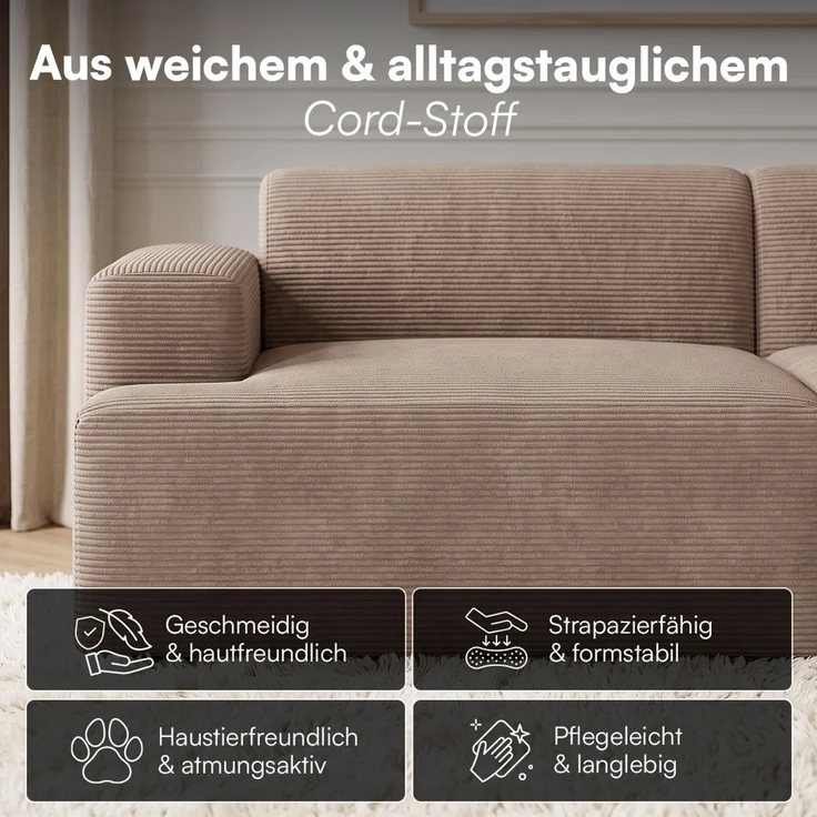 skølm 'Freki' Cloud Sofa 3 Sitzer, Vollschaumcouch mit Federkern und Vakuum-Kompression, kein Aufbau erforderlich, mit 3 Kissen, Cord taupe – Bild 5