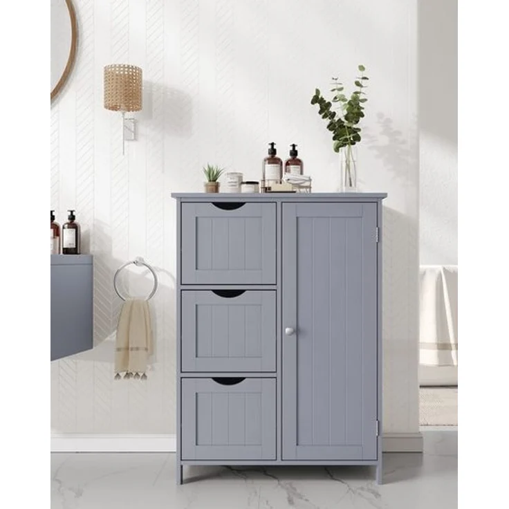 Vasagle Badezimmerschrank, schmaler Badschrank, Beistellschrank, Kommode, mit Schubladen, Schranktür, verstellbare Ablage, x x cm,, Taubengrau, 3 – Bild 1