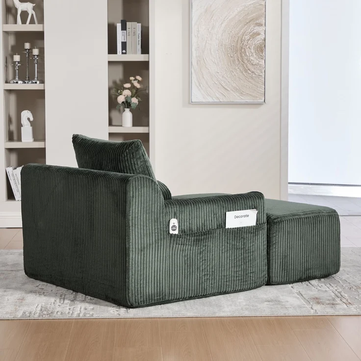 Sessel Cord mit Fußhocker, 147 x 110 x 67 cm,Relaxsessel mit Stauraumtaschen & Federkern, kein Aufbau,Smaragd – Bild 3