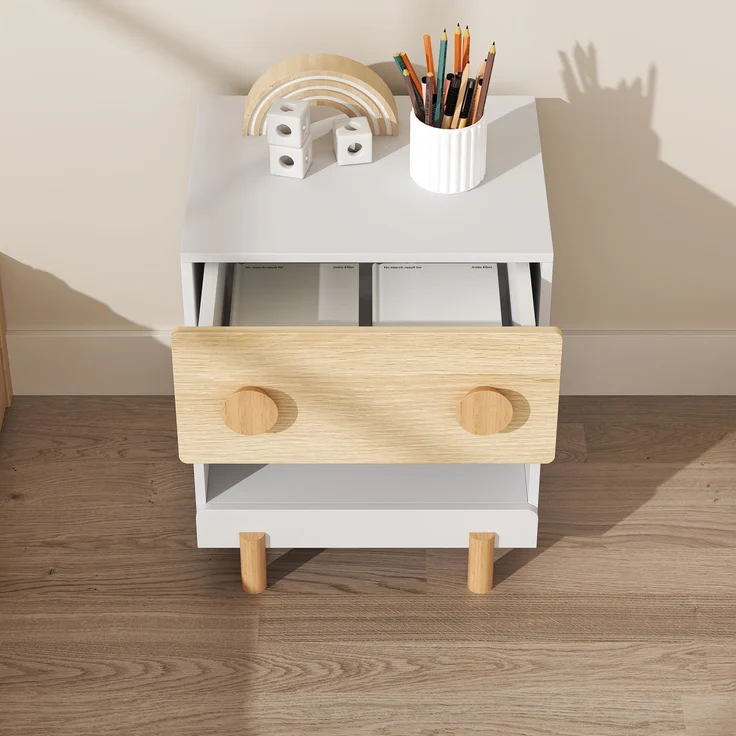Kindernachttisch Vaarentaa mit Schublade und Ablagefach 47 x 40 x 35 cm Weiß/Eicheoptik [en. casa] – Bild 4