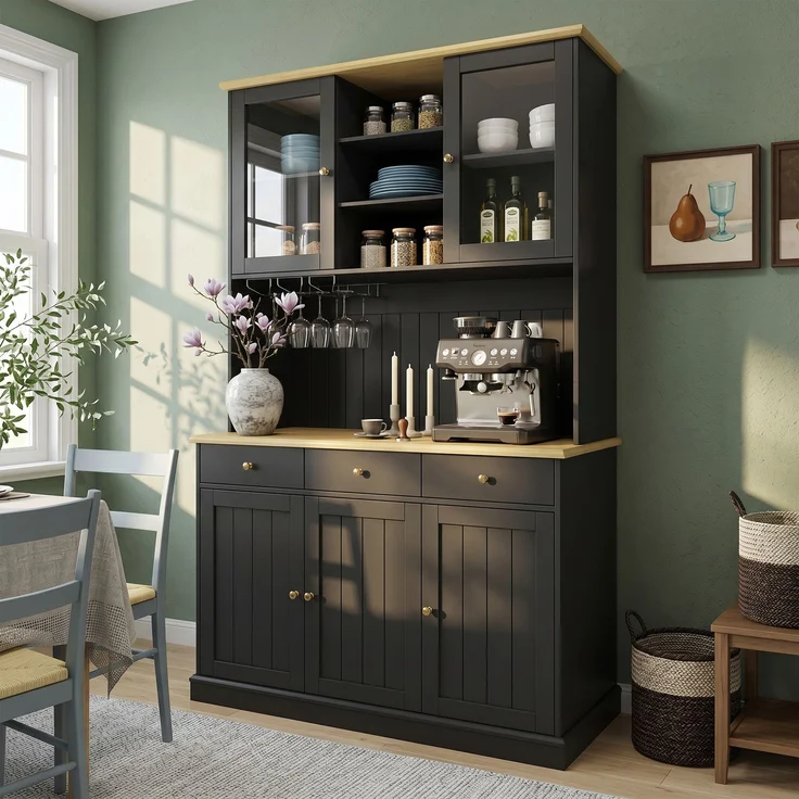 Buffetschrank 120 x 40 x 191 cm in Schwarz mit Glastüren, Schublade, Gläserhalter und Steckdosen – Bild 3