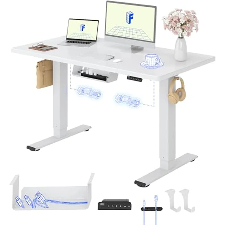 FLEXISPOT Höhenverstellbarer Schreibtisch mit 2 Motoren & 25MM einteiliger Tischplatte,ergonomischer Bürotisch - 120x80 cm Weiß, weißes Gestell – Bild 2