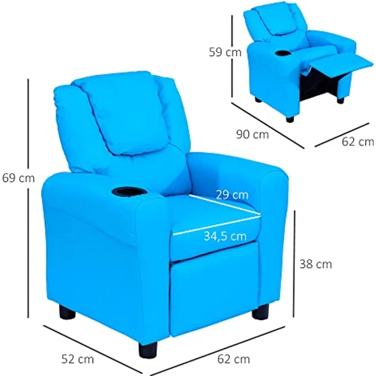 HOMCOM Sessel Kindersessel, Liegefunktion, Eingebauten Becherhalter, Blau (Set, 1-St, Kindersofa für 3-6 Jahre alt), 62B x 52T x 69H cm – Bild 4