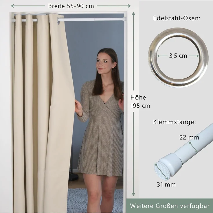 tinycurtains Türvorhang mit Stange weiß 55-90 cm ohne Bohren, Thermo Vorhang Tür, Ösen, abdunkelnd, Polyester, beige Driftwood, Türgardine mit Klemmstange Raumtrenner verdunkelnd – Bild 8