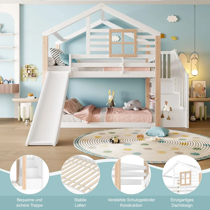 TavilaEcon Etagenbett Kinder-Etagenbett mit Rutsche und Treppe im skandinavisches Stil weiß Liegefläche 90 × 200 cm – Bild 3