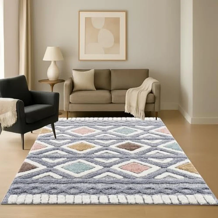 Teppich Wohnzimmer Hochflor - 80x150cm - Einfarbig - Pastell Multi - Boho - Modern Raute Ornamente - Skandinavisch Flauschig Weich - Schlafzimmer – Bild 10