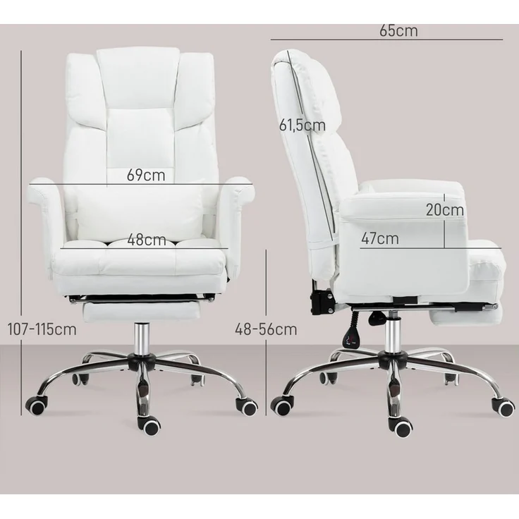 HOMCOM Schreibtischstuhl Ergonomisch Bürostuhl mit Liegefunktion, Lendenkissen (Computerstuhl, 1 St), für Home-Office, Kunstleder, Weiß – Bild 2