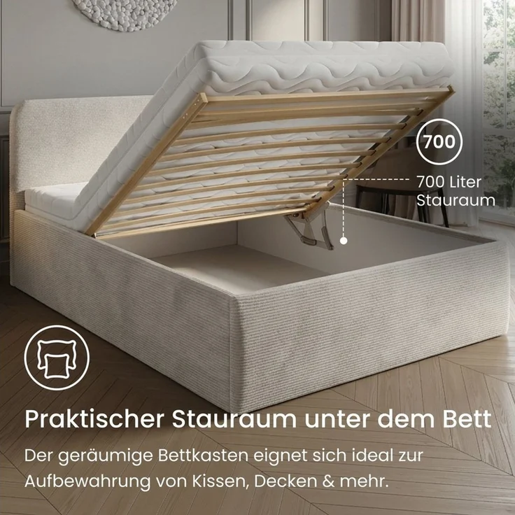 Home Collective Polsterbett Bett mit Stauraum, verstellbarem Lattenrost, viele Größen (Größen: 100x200 120x200 140x200 160x200 180x200 200x200, hochwertiger Kordstoff, made in Germany), wählbare Matratze Federkern oder Kaltschaum, Hellbeige – Bild 4
