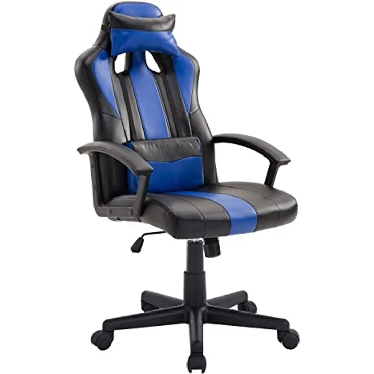 Happy Garden Gamer Sessel schwarz und blau Crash, Gaming Stuhl, ergonomischer Bürostuhl mit Lendenwirbelstütze und Kopfstütze, drehbar, höhenverstellbar und neigbare Rückenlehne