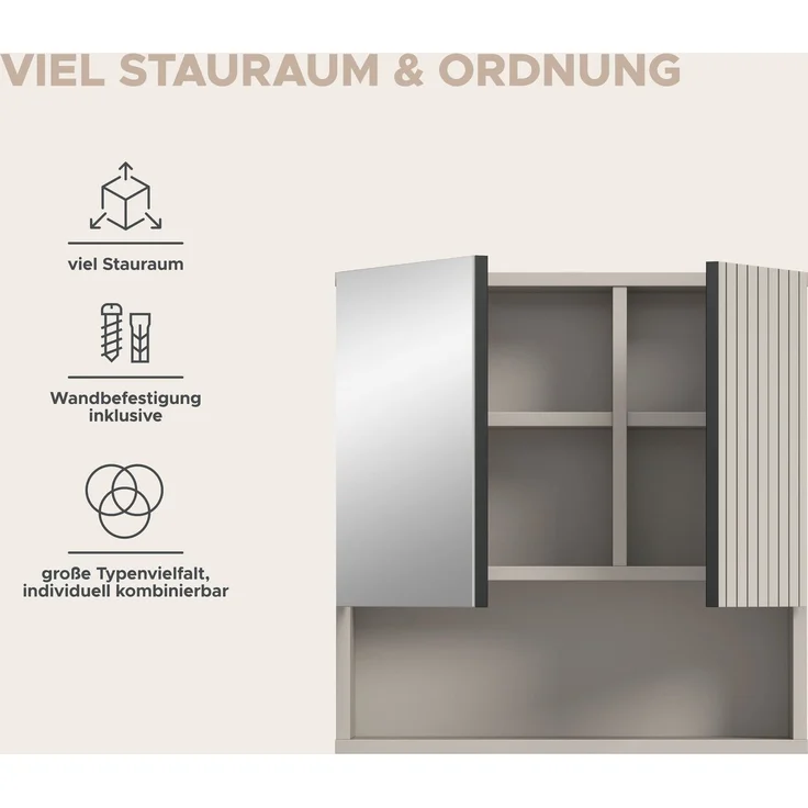 xonox. home – Spiegelschrank Mone 60 x 55 x 17 cm in Kaschmir Nachbildung – Badspiegel mit 1 Spiegeltür, 4 geschlossenen & 1 offenem Fach – Stilvolle Optik, kompakt & eine perfekte Ergänzung für Ihr Bad – Bild 10