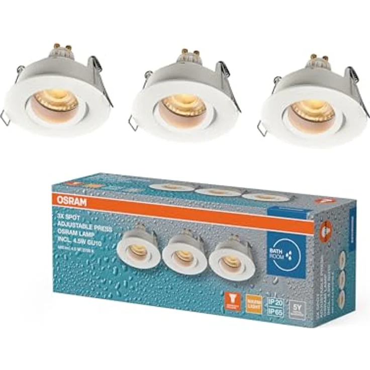 Osram Spot Set LED Einbaustrahler IP65 Press 4,5W Weiß, 320lm 2700K Warmweiß, CRI≥80, Feuchtraumgeeignet, 3er-Set – Bild 1