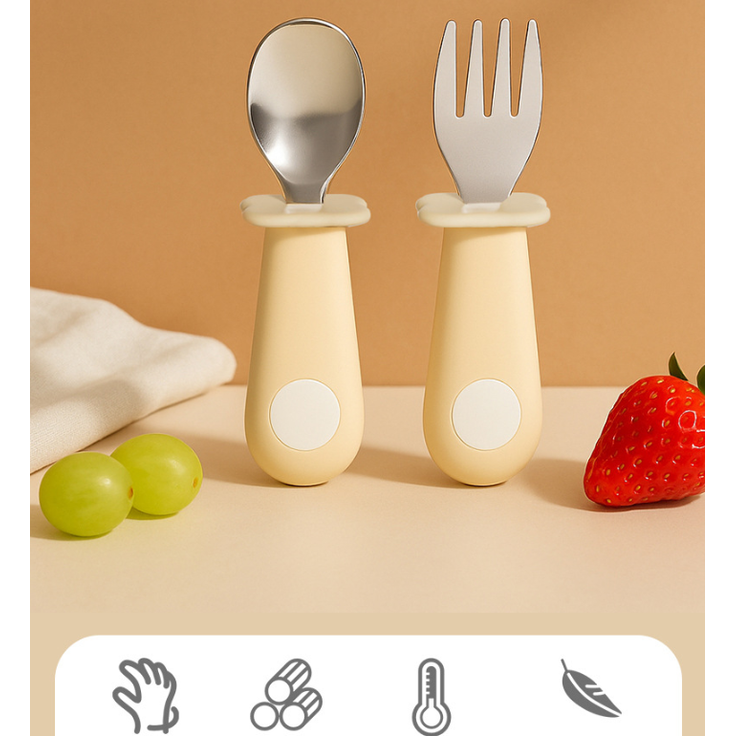 ABC 4-teiliges gelbes Baby-Silikon-Löffelset, Kinder-Gabel und -Löffel aus Edelstahl 316 mit kurzem Griff, Baby-Essgeschirr – Bild 2