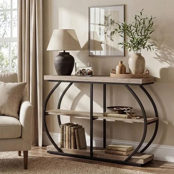 LITTLE TREE 105 cm Konsolentisch, industrieller 3-stufiger Sofatisch hinter dem Sofa, Flurtisch, Eingangstisch mit gewölbtem Metallrahmen und Ablageflächen für Wohnzimmer, Eingang, Hellbeige – Bild 7