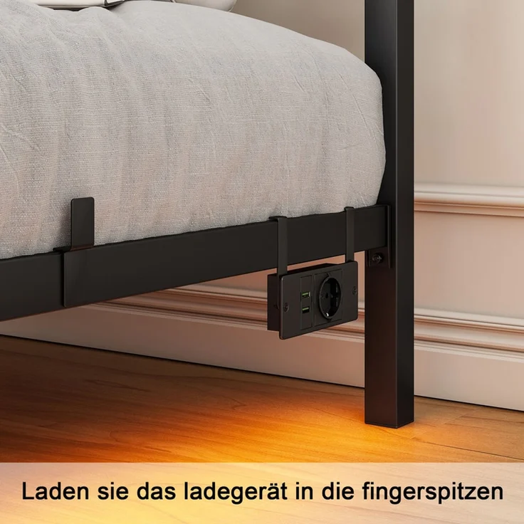 Homerecommend Schwebebett 120x200 cm, Bettrahmen mit LED-Beleuchtung, Steckdose und 2 USB-Anschlüssen, Vintage Schwarz – Bild 7