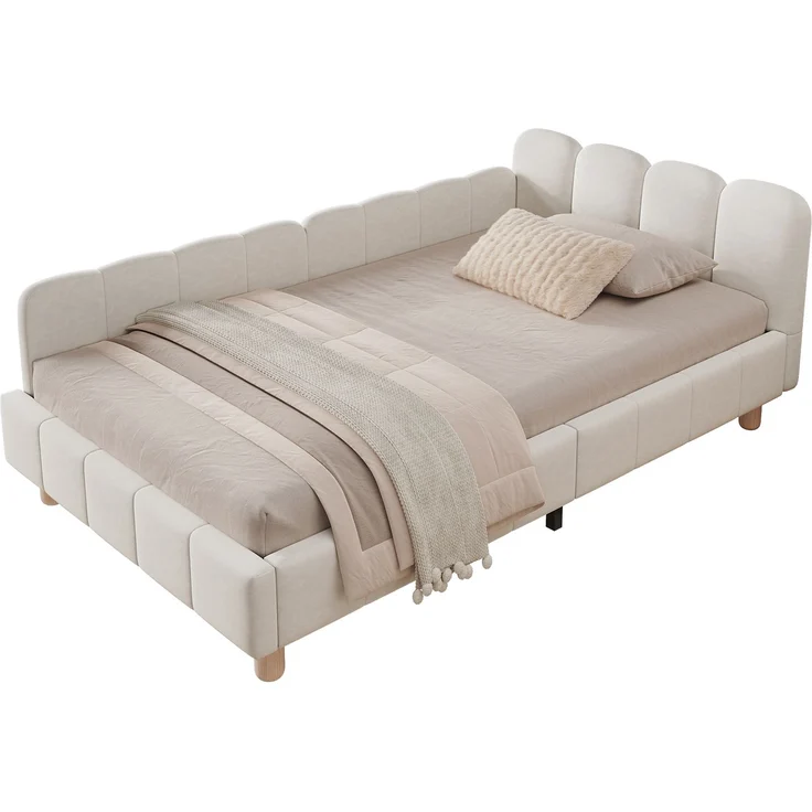 Merax Polsterbett, Einzelbett, Kinderbett 90x200 cm, Bett mit und gepolstertes Kopfteil und Rausfallschutz, Bettbeine aus Massivholz, Samt, beige – Bild 10