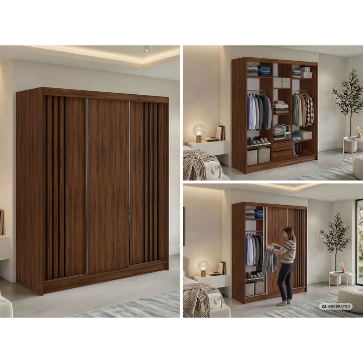 Schwebetürenschrank NAURU mit Lamellen-Optik, moderner Kleiderschrank, Breite 180 cm, inkl. Innenausstattung & Stauraum, Akustikpaneel-Design - Warmia-Nuss und Schwarz - mit Schubladen – Bild 2