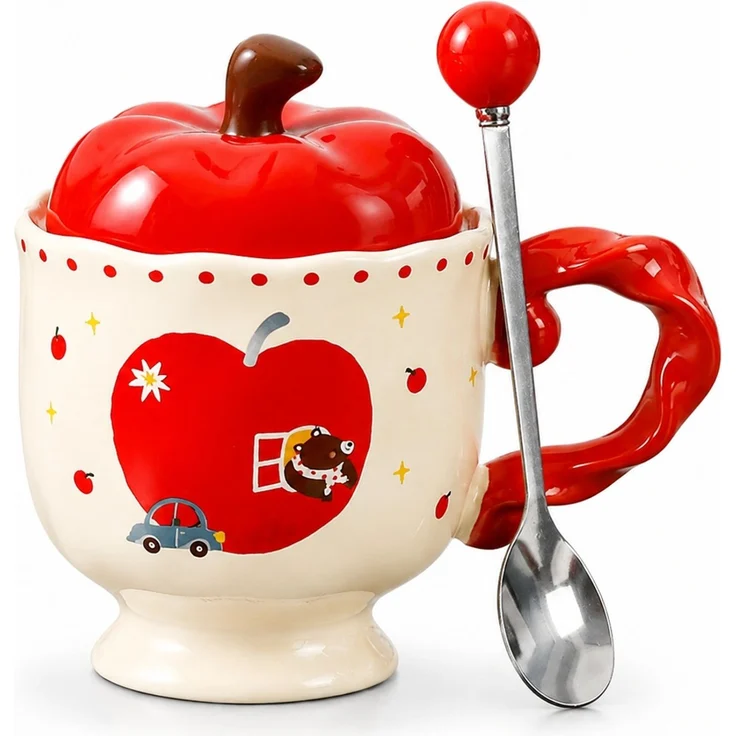 Kaffeetasse in Apfelform mit Deckel und Löffel Keramikbecher Rot 14 x 10 x 14 cm – Bild 1