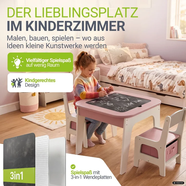 Juskys 'Milou' Kindersitzgruppe mit 2 Stühlen, 1 Tisch & Stauraum, Holz rosa – Bild 7