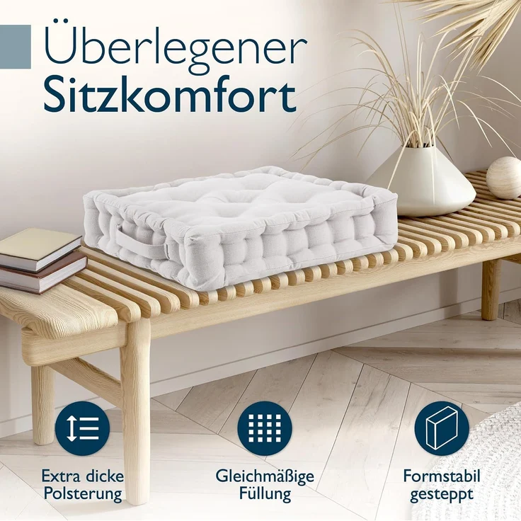 Beautissu Stuhlkissen 4er Set Bodenkissen Sitzkissen Mila, 50x50cm, Natur, Matratzenkissen 10cm, 100% Baumwolle Stuhlkissen Indoor & Outdoor – Bild 3
