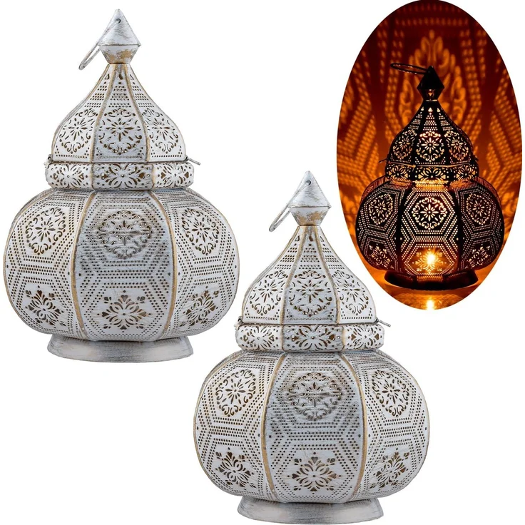 Marrakesch Orient & Mediterran Interior Nachttischlampe 2er Set Orientalische Laterne Lampe Nachttischlampe Mahana Weiss, Handarbeit