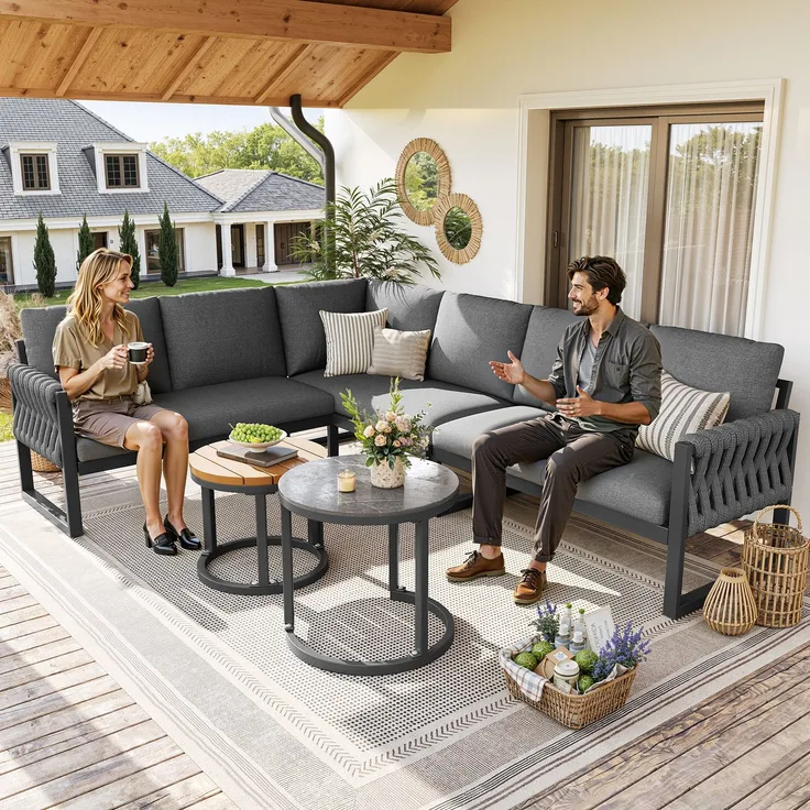 Gartenmöbelset mit verstellbare Beine, wasserabweisenden & abnehmbaren Kissen,Gartenlounge Set für 5-6 Personen, modular für Balkon Garten Terrasse,inklusive aller Sitz- und Rückenkissen, grau--Grau--70.99x65.99x43cm--YOUDENOVA