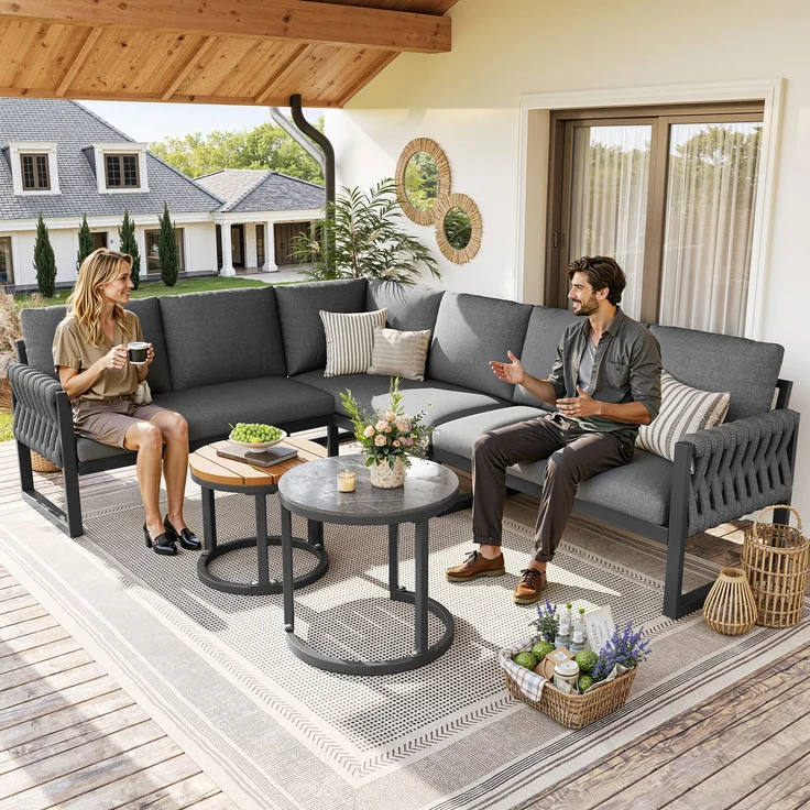 Gartenmöbelset mit verstellbare Beine, wasserabweisenden & abnehmbaren Kissen,Gartenlounge Set für 5-6 Personen, modular für Balkon Garten Terrasse,inklusive aller Sitz- und Rückenkissen, grau--Grau--70.99x65.99x43cm--YOUDENOVA – Bild 1