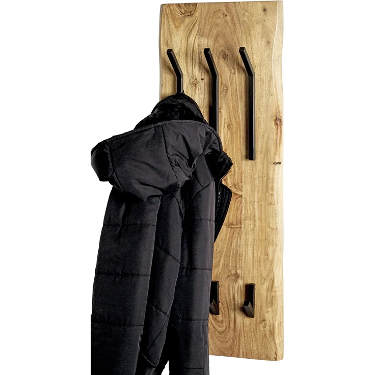 Haku Wandgarderobe aus Akazie Massivholz mit 8 Metallhaken schwarz pulverbeschichtet, Baumkante, 36x12x100 cm – Bild 6