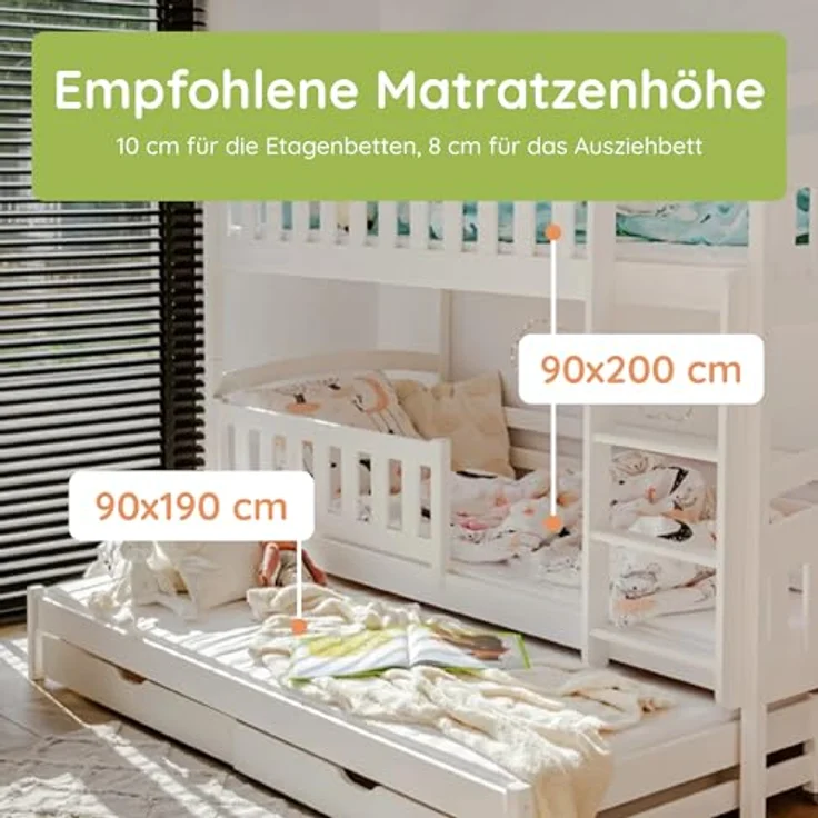 Kids Collective Hochbett mit Ausziehbett, zwei Schubladen, Lattenrost & Rausfallschutz, umbaubar in drei Einzelbetten, Kieferholz weiß, 90x200 cm – Bild 9