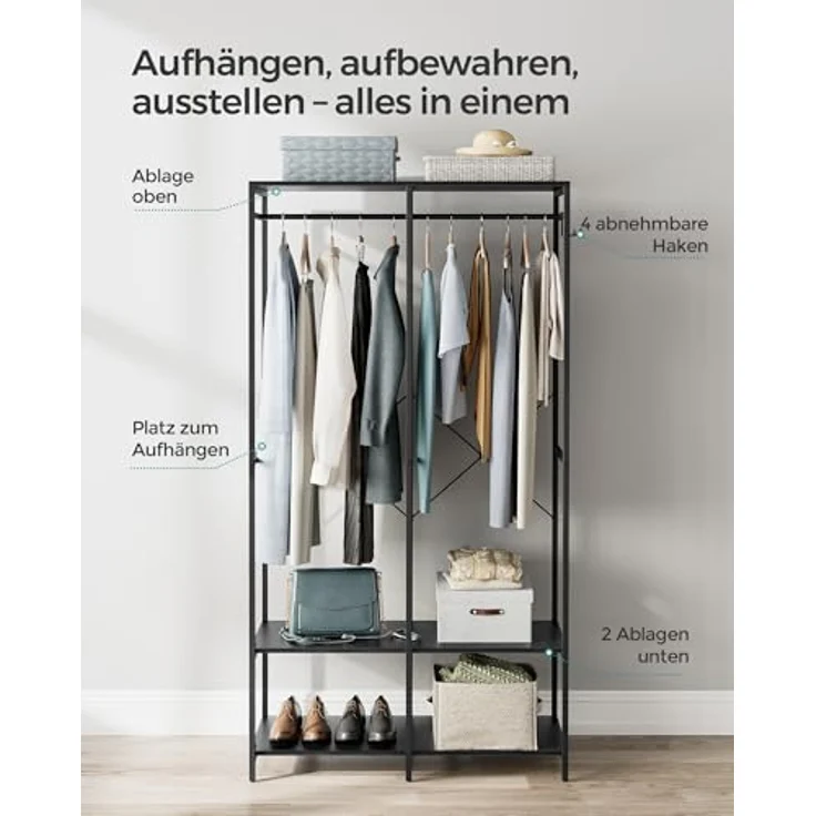 SONGMICS Kleiderschrank offen, Kleiderständer, Garderobenständer, Garderobe mit Kleiderstange, Ablagen, abnehmbare Haken, 40 x 94,5 x 180 cm, ebenholzschwarz RGR004B56 – Bild 5
